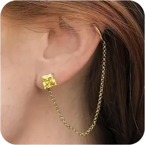 Gold Chain Earrings for Women, 7mm Yellow Cubic Zirconia Earrings Studs Hypoallergenic Lightweight Ear Cuff Earrings for Women's Trendy Dainty Jewelry Gifts