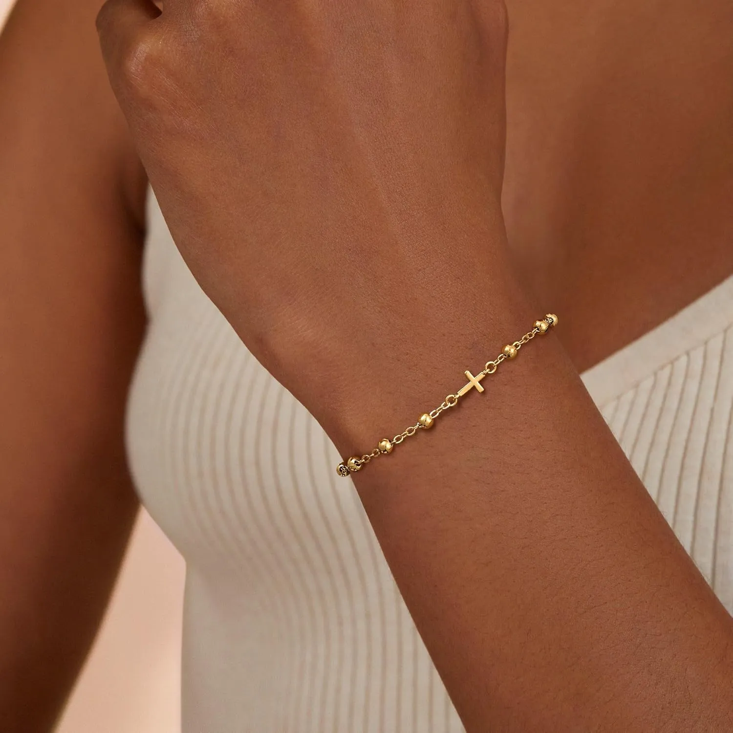 Gold Cross Bracelets for Women Trendy, Dainty 14K Gold Plated Cross Charm Rosary Beaded Bracelet CZ Chain Link Bracelet Cute Adjustable Gold Jewelry Gifts for Women
