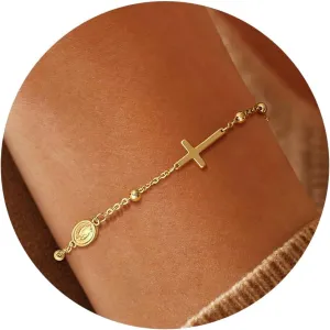 Gold Cross Bracelets for Women Trendy, Dainty 14K Gold Plated Cross Charm Rosary Beaded Bracelet CZ Chain Link Bracelet Cute Adjustable Gold Jewelry Gifts for Women