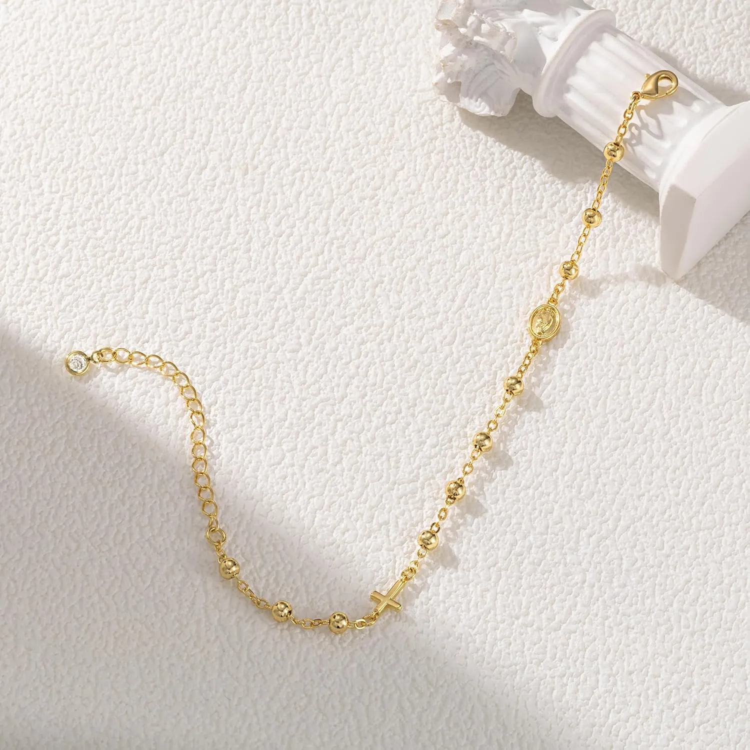 Gold Cross Bracelets for Women Trendy, Dainty 14K Gold Plated Cross Charm Rosary Beaded Bracelet CZ Chain Link Bracelet Cute Adjustable Gold Jewelry Gifts for Women