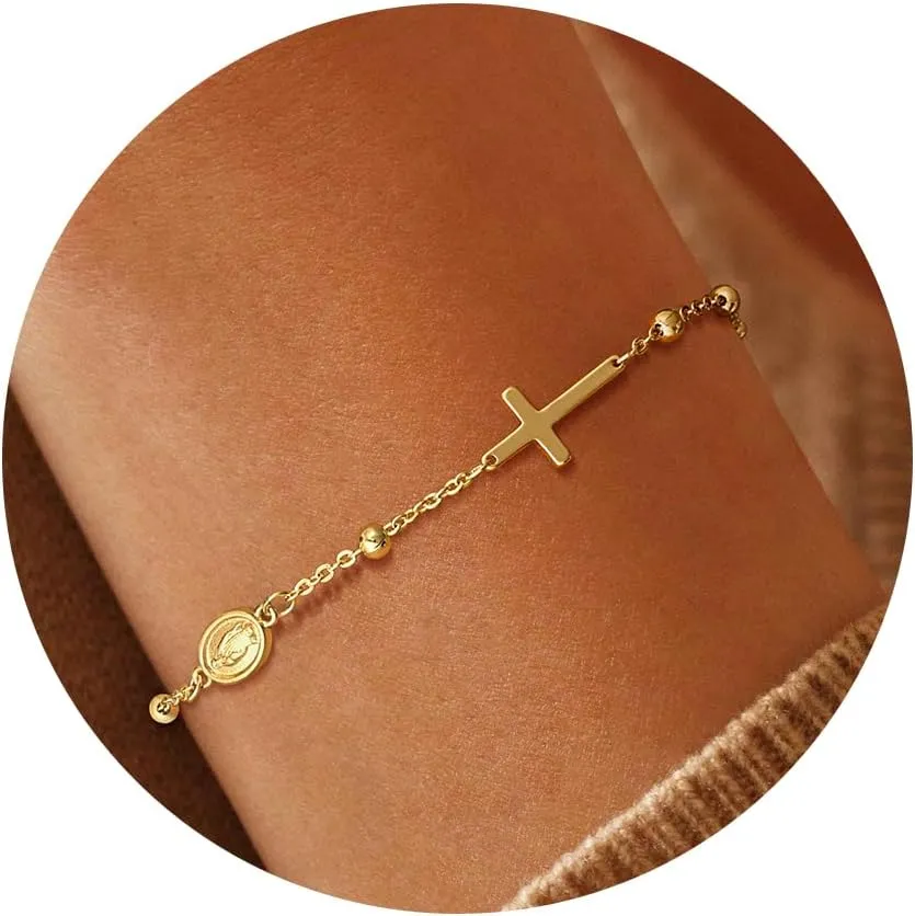 Gold Cross Bracelets for Women Trendy, Dainty 14K Gold Plated Cross Charm Rosary Beaded Bracelet CZ Chain Link Bracelet Cute Adjustable Gold Jewelry Gifts for Women