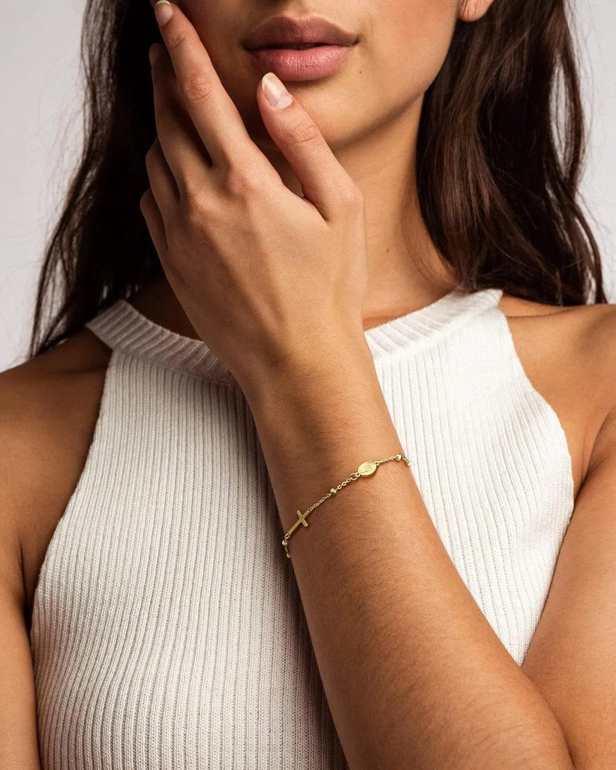 Gold Cross Bracelets for Women Trendy, Dainty 14K Gold Plated Cross Charm Rosary Beaded Bracelet CZ Chain Link Bracelet Cute Adjustable Gold Jewelry Gifts for Women