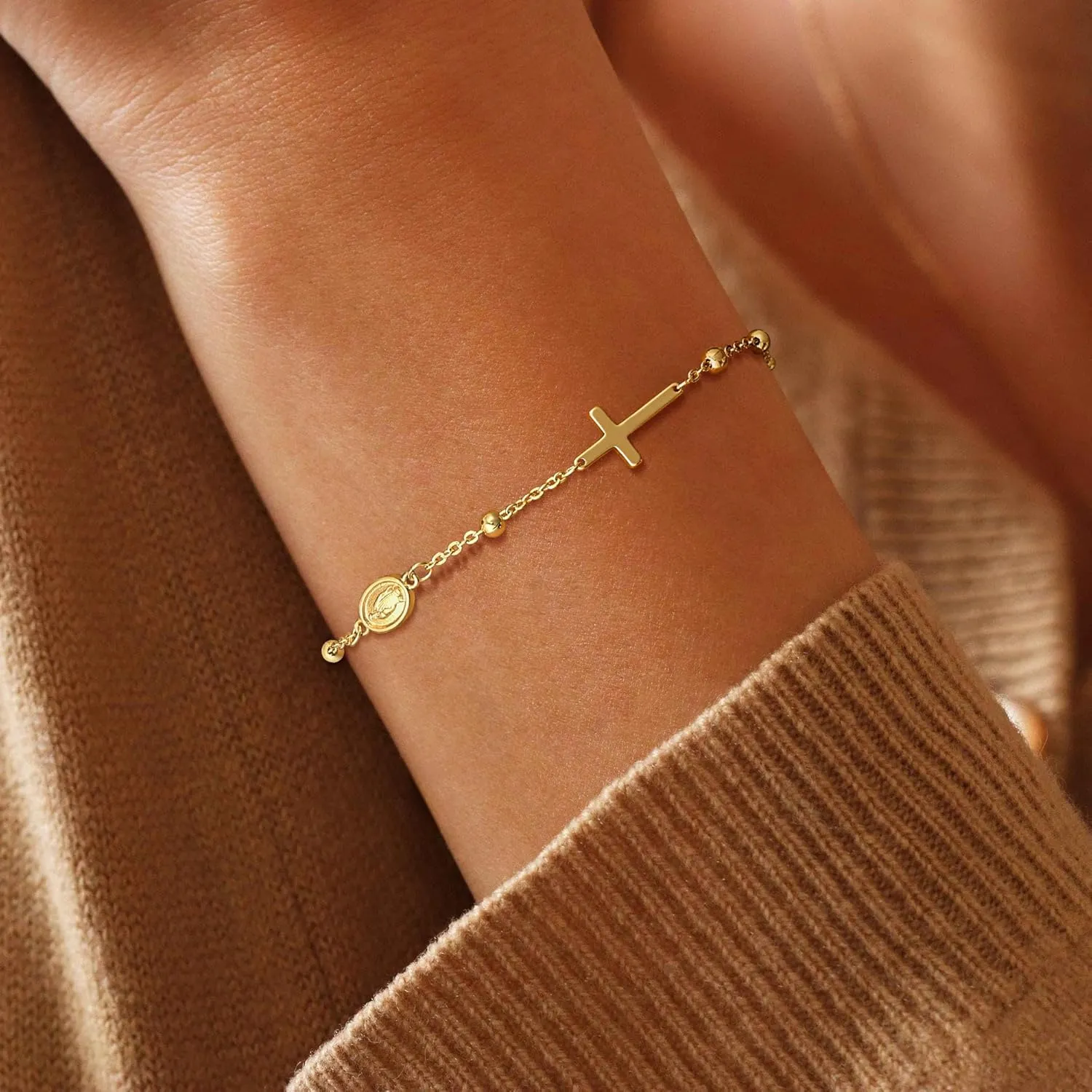 Gold Cross Bracelets for Women Trendy, Dainty 14K Gold Plated Cross Charm Rosary Beaded Bracelet CZ Chain Link Bracelet Cute Adjustable Gold Jewelry Gifts for Women
