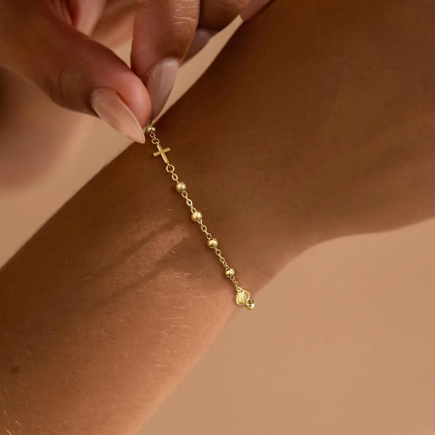 Gold Cross Bracelets for Women Trendy, Dainty 14K Gold Plated Cross Charm Rosary Beaded Bracelet CZ Chain Link Bracelet Cute Adjustable Gold Jewelry Gifts for Women