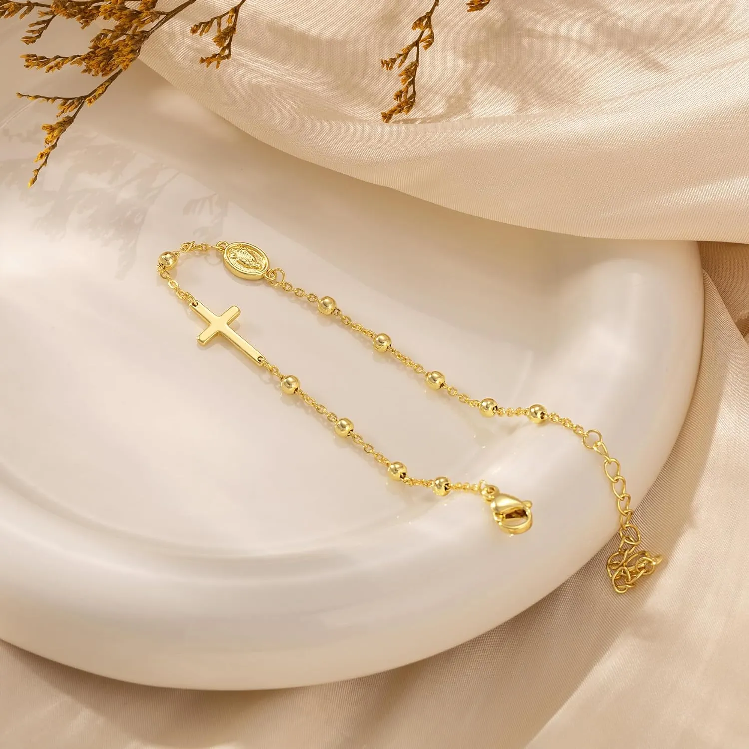 Gold Cross Bracelets for Women Trendy, Dainty 14K Gold Plated Cross Charm Rosary Beaded Bracelet CZ Chain Link Bracelet Cute Adjustable Gold Jewelry Gifts for Women