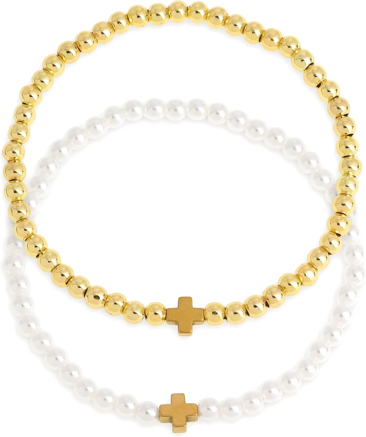 Gold Cross Pearl Beaded Bracelets Stack for Women Couple, 2PCS Beach Handmade Stackable Stretch Beads Bracelet Friendship Summer Jewelry Gift