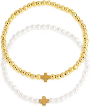 Gold Cross Pearl Beaded Bracelets Stack for Women Couple, 2PCS Beach Handmade Stackable Stretch Beads Bracelet Friendship Summer Jewelry Gift