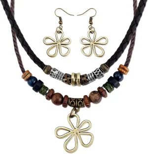 Gold Flower Necklace and Earring Layered Boho Wood Bead Choker Necklace Big Flower Statement Earrings Vintage Braided Leather Necklace Ethnic Dangle Earrings Western Jewelry Sets for Women