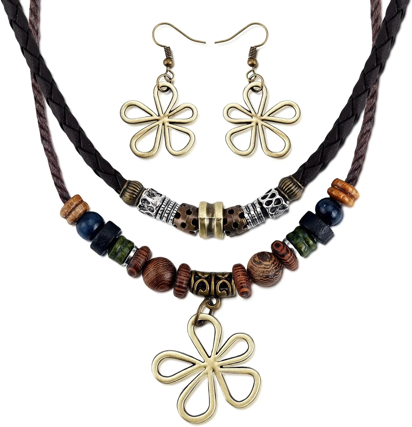 Gold Flower Necklace and Earring Layered Boho Wood Bead Choker Necklace Big Flower Statement Earrings Vintage Braided Leather Necklace Ethnic Dangle Earrings Western Jewelry Sets for Women