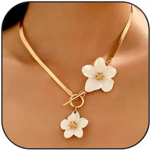 Gold Flower Necklace for Women White Flower Choker Necklace Gold Herringbone Necklace Spring Statement Jewelry