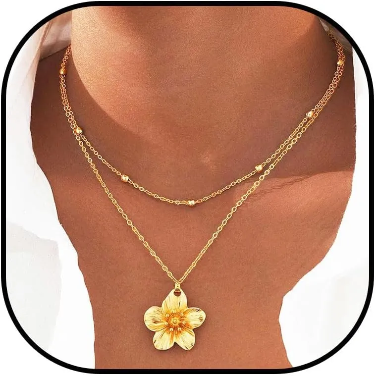 Gold Flower Necklace Layered Dainty Floral Pendant Necklaces Chain Prom Costume Neck Accessory for Women