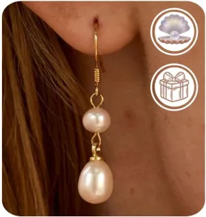 Gold Freshwater Pearl Dangle Earrings for Women14k Plated Natural Real Pearl Dangling Elegant Bridal Bridesmaid Wedding Prom Jewelry
