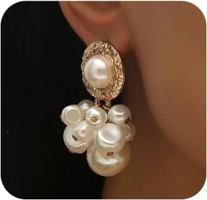 Gold Large Pearls Cluster Dangle Earrings for Women Baroque Irregular Faux Pearl Chunky Geometric Earring Exaggerated Big Prom Wedding Jewelry Gifts