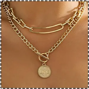 Gold Layered Necklace Hip Hop Choker Necklaces Geometric Letter Pendant LOVE Coin Jewelry for Women