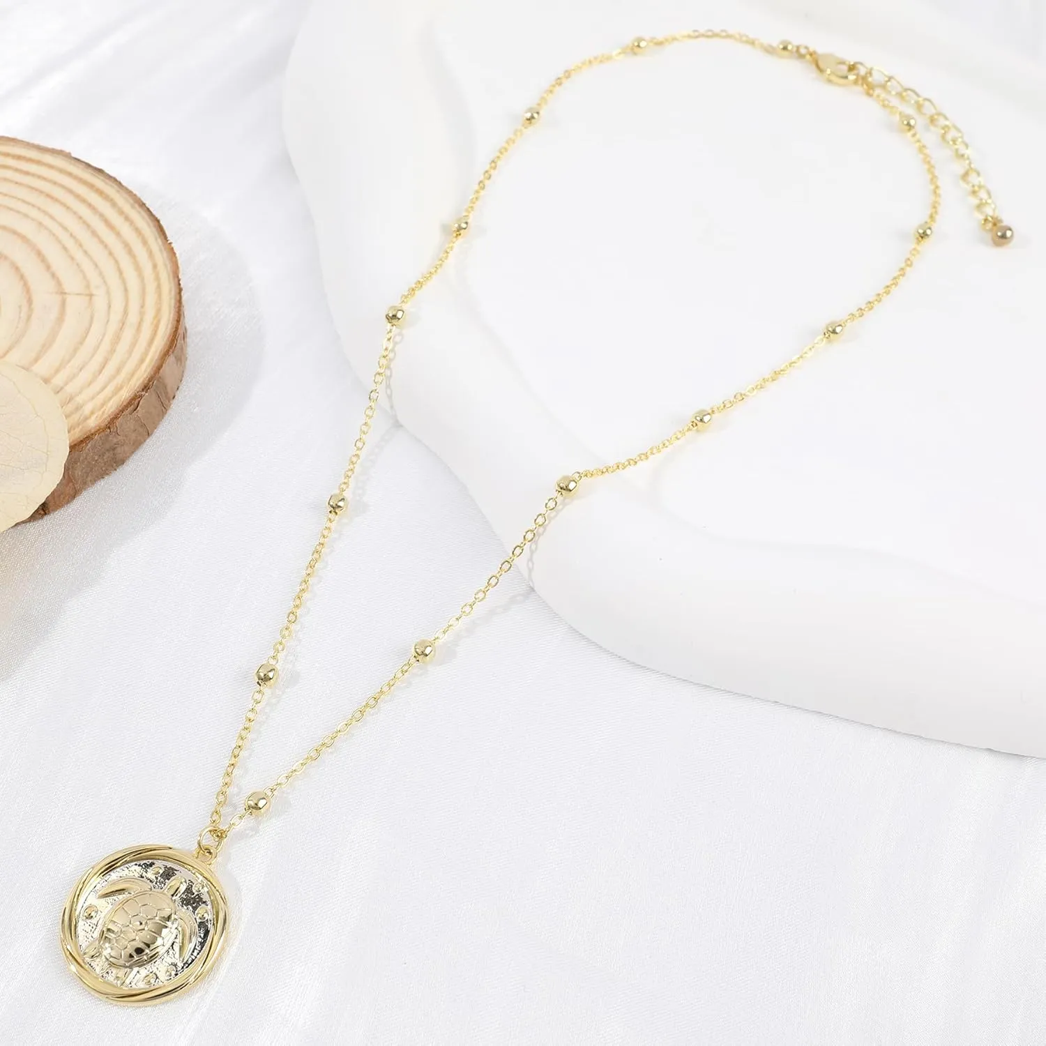 Gold Pendant Necklace for Women 14K Gold Plated Coin Pendant Necklace Adjustable Chain Disc Round Charm Initial Statement Necklace Trendy Jewelry Gift for Her
