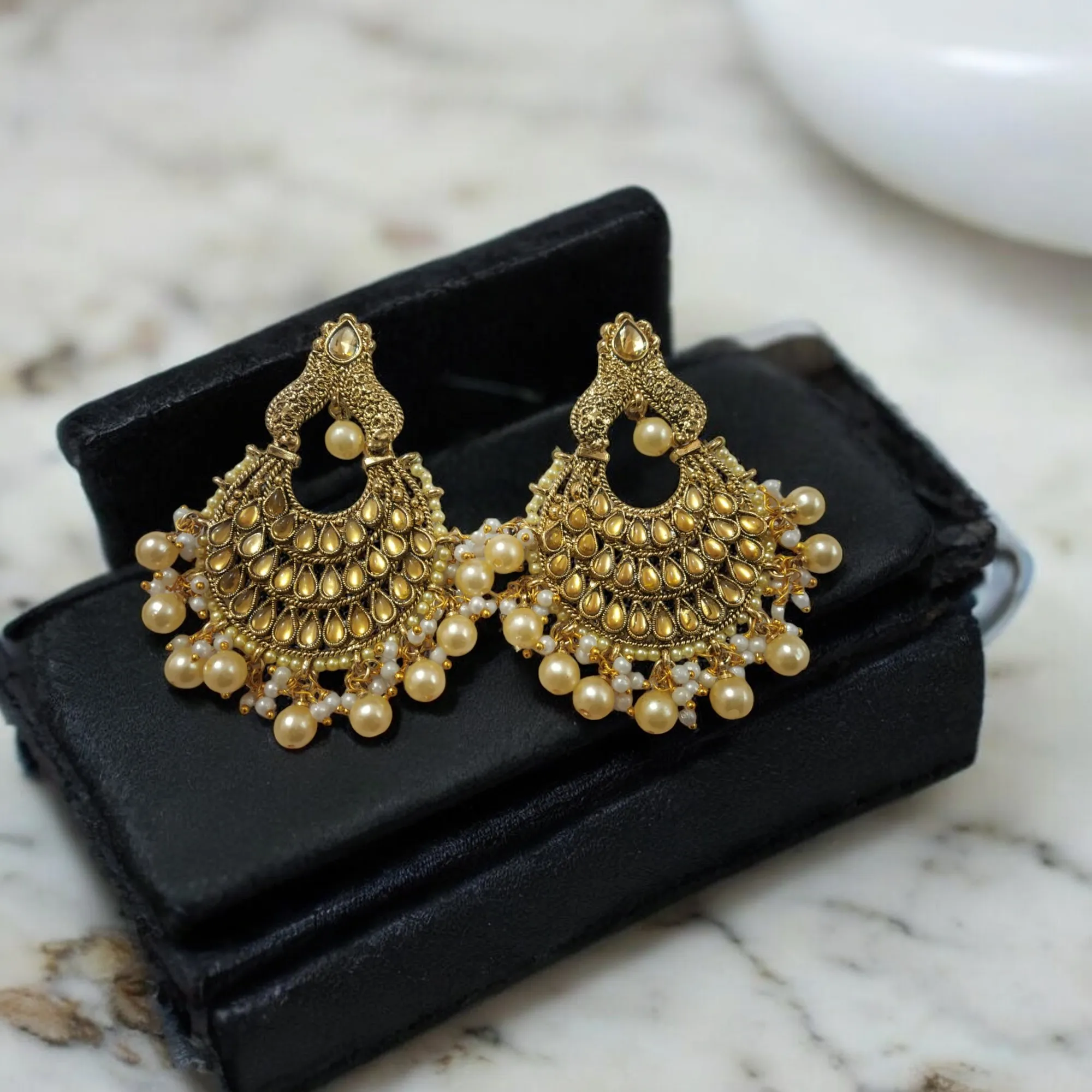Gold Plated Pearl Chandbali Earrings Set, Indian Gold Chandbali, Gold Earring, Bridal Jewellery Set, Wedding Earrings, Bollywood Jewelry set, Gold Chandbali set