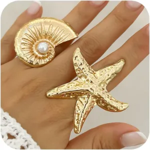 Gold Shell Starfish Ring for Women Large Starfish Ring Big Conch Shell Ring Chunky Statement Starfish Shell Ring Summer Ocean Beach Ring Jewelry Accessories