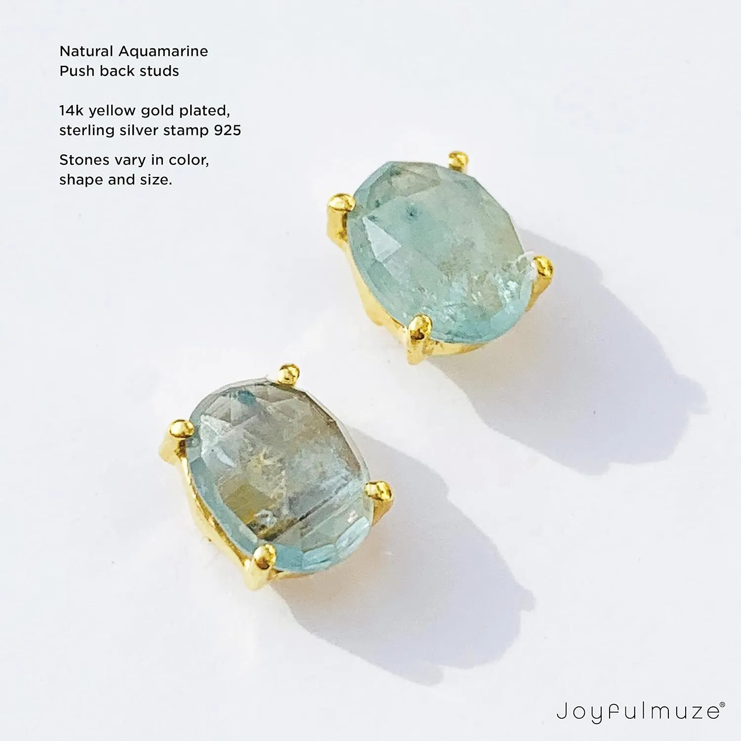 Gold Stud Aquamarine Earrings, Blue Emerald Cut Stone, 14K Micro Gold Over Sterling Silver 925, Beautiful Genuine Gemstone, Jewelry Gift For Women, 2CT 6mm (Aquamarine-Gold)