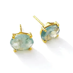 Gold Stud Aquamarine Earrings, Blue Emerald Cut Stone, 14K Micro Gold Over Sterling Silver 925, Beautiful Genuine Gemstone, Jewelry Gift For Women, 2CT 6mm (Aquamarine-Gold)