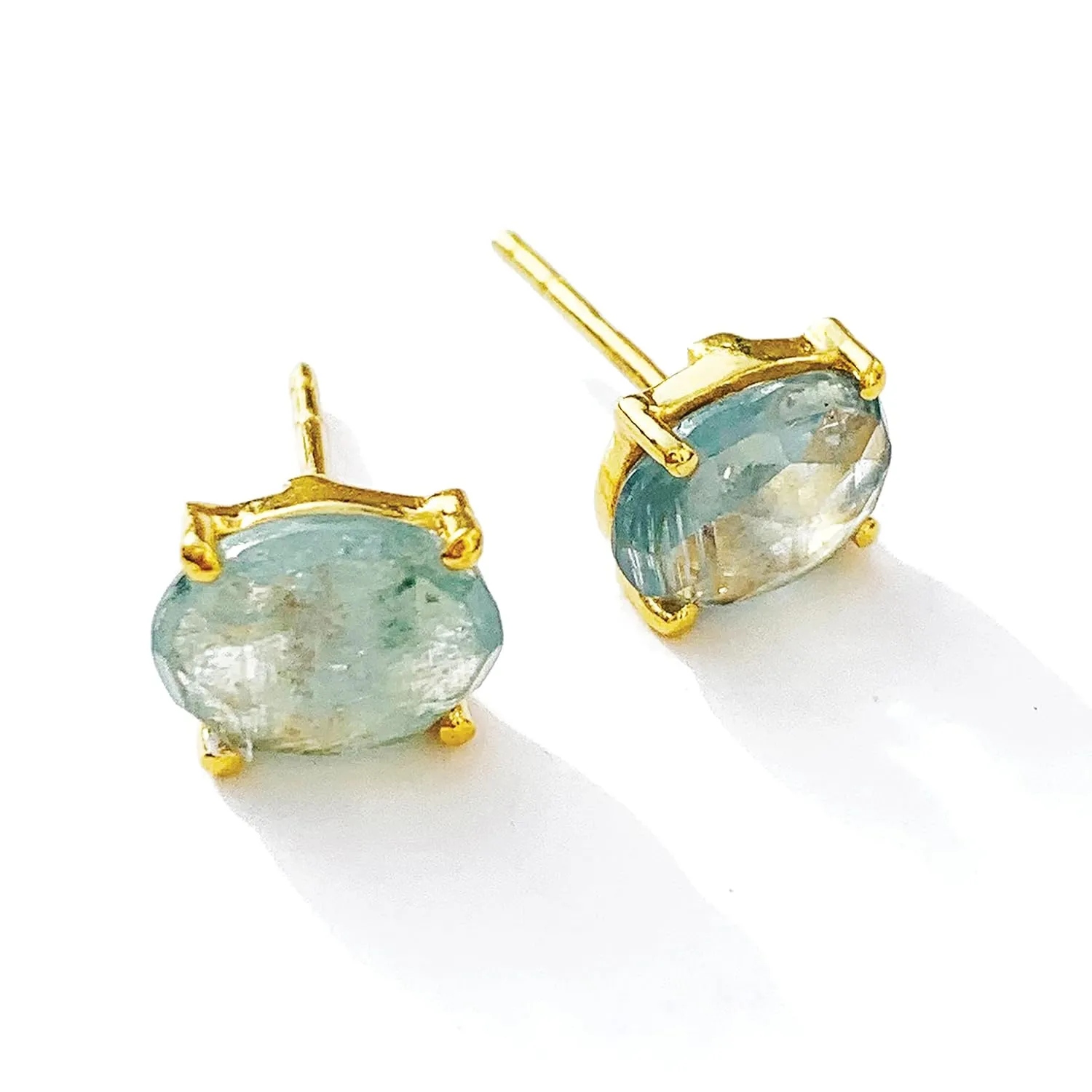 Gold Stud Aquamarine Earrings, Blue Emerald Cut Stone, 14K Micro Gold Over Sterling Silver 925, Beautiful Genuine Gemstone, Jewelry Gift For Women, 2CT 6mm (Aquamarine-Gold)
