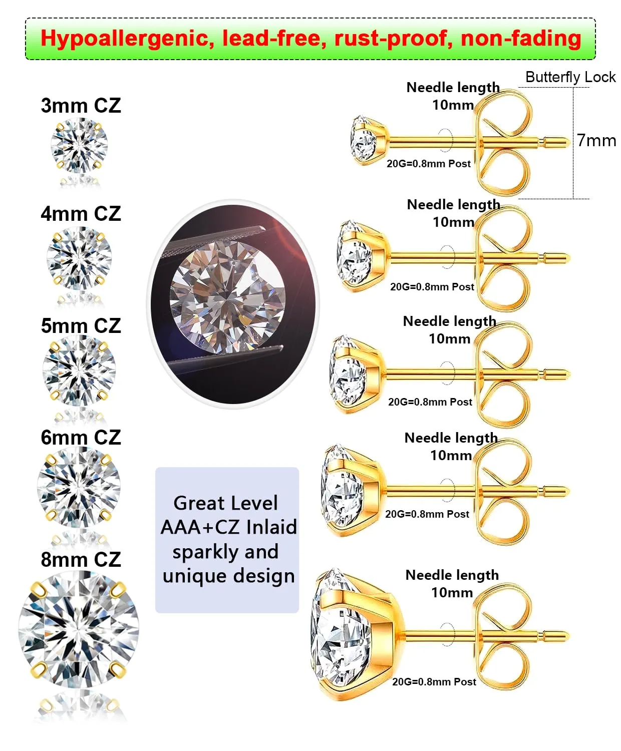 Gold Stud Earrings Set for Women Men, 20G Hypoallergenic 14K Gold-Plated Stainless Steel Birthstone Cubic Zirconia Surgical Steel Cartilage Earrings for Sensitive Ears(5-Pair Set)