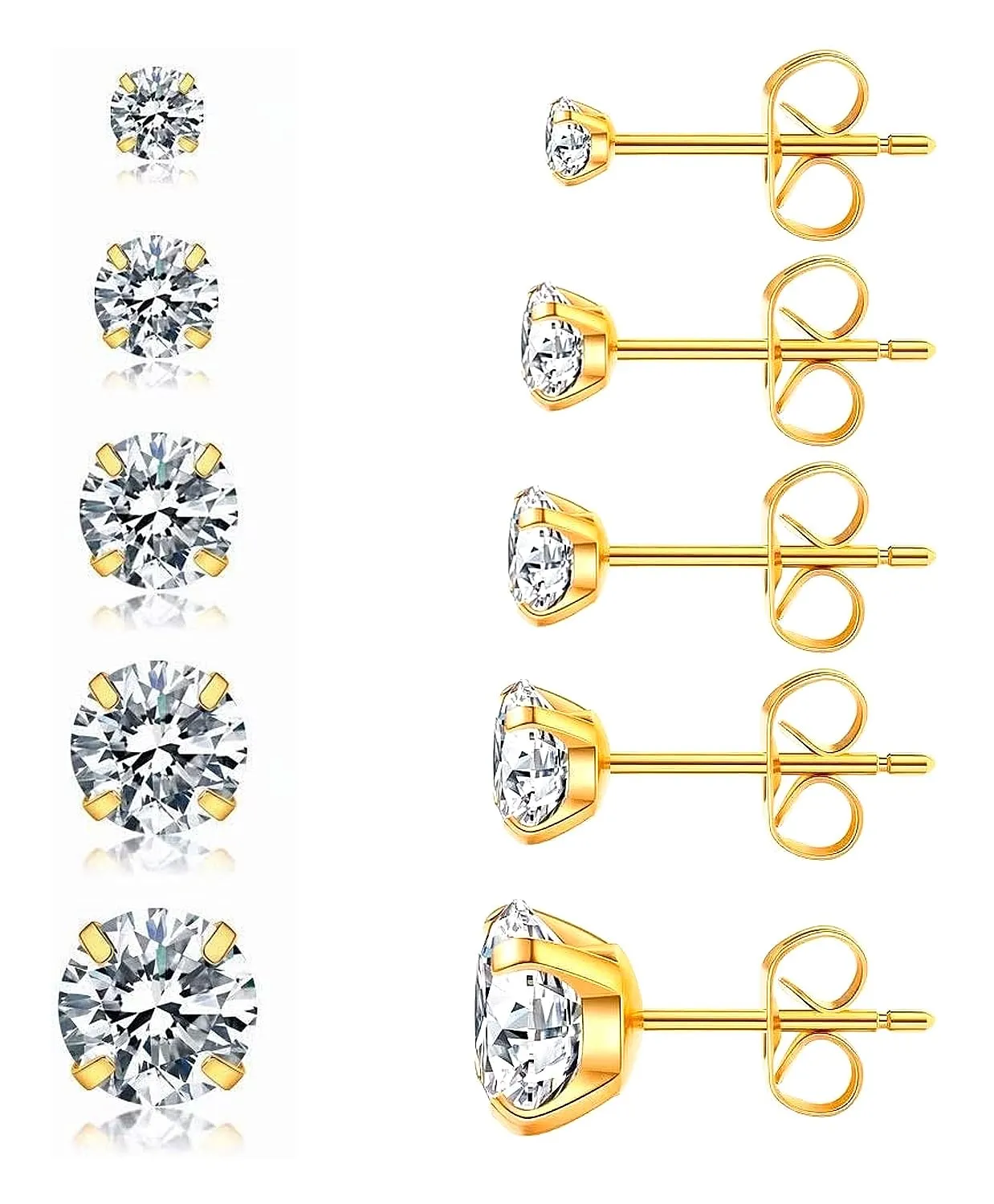 Gold Stud Earrings Set for Women Men, 20G Hypoallergenic 14K Gold-Plated Stainless Steel Birthstone Cubic Zirconia Surgical Steel Cartilage Earrings for Sensitive Ears(5-Pair Set)