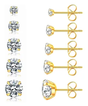 Gold Stud Earrings Set for Women Men, 20G Hypoallergenic 14K Gold-Plated Stainless Steel Birthstone Cubic Zirconia Surgical Steel Cartilage Earrings for Sensitive Ears(5-Pair Set)