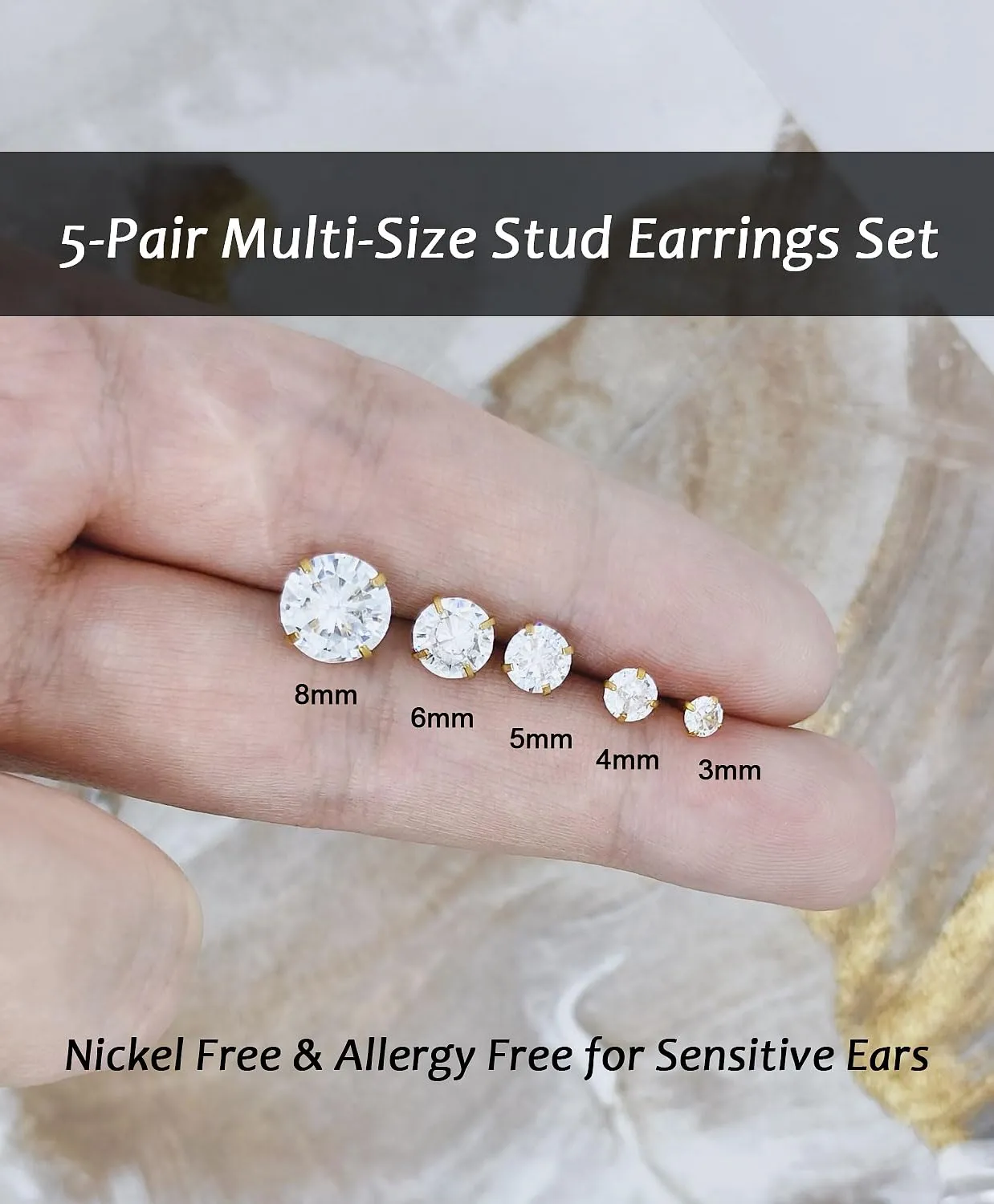 Gold Stud Earrings Set for Women Men, 20G Hypoallergenic 14K Gold-Plated Stainless Steel Birthstone Cubic Zirconia Surgical Steel Cartilage Earrings for Sensitive Ears(5-Pair Set)