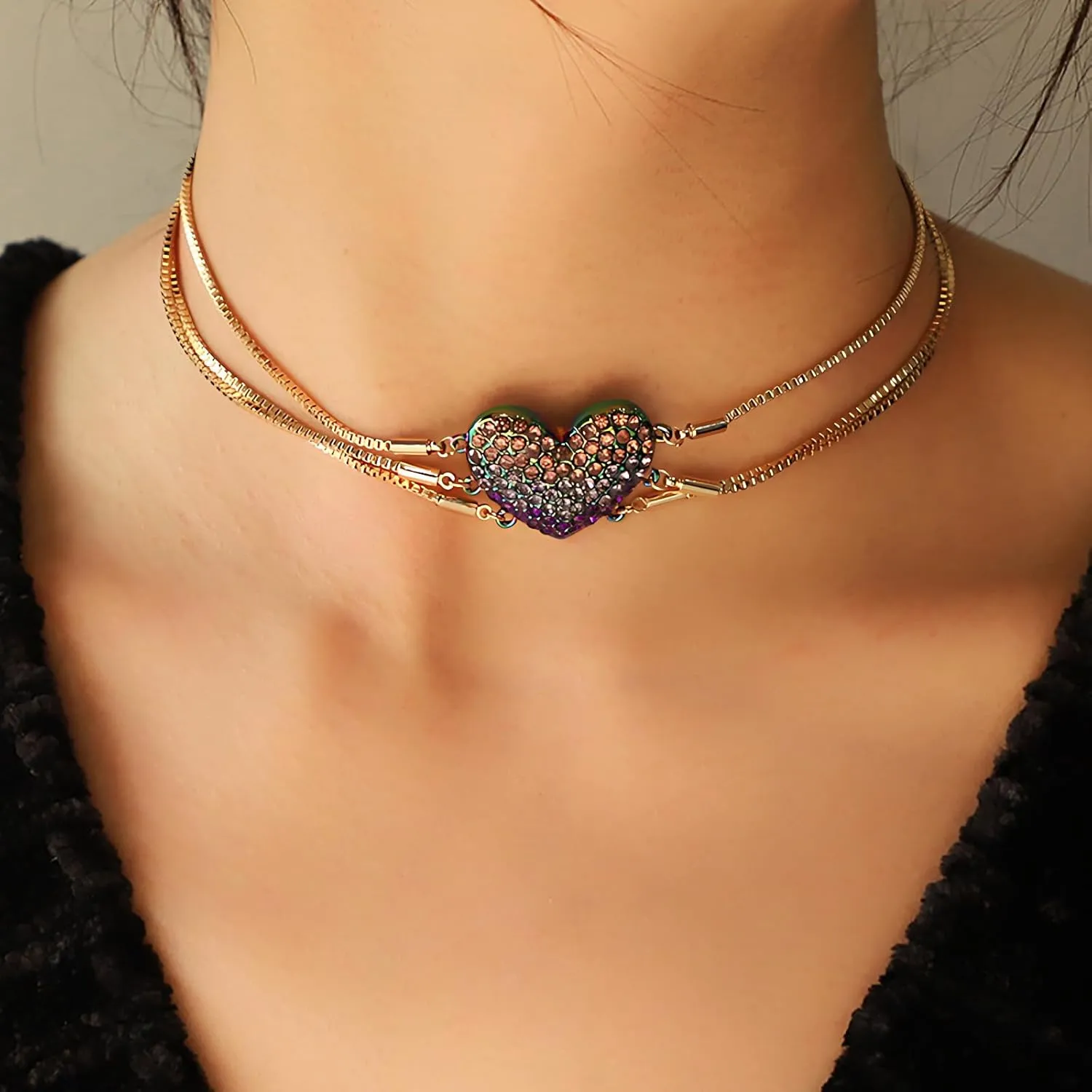 Gold-Tone Heart Pendant Necklace with Multicolor Rhinestones, Double-Layer Chain, Adjustable Jewelry for Women