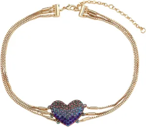 Gold-Tone Heart Pendant Necklace with Multicolor Rhinestones, Double-Layer Chain, Adjustable Jewelry for Women