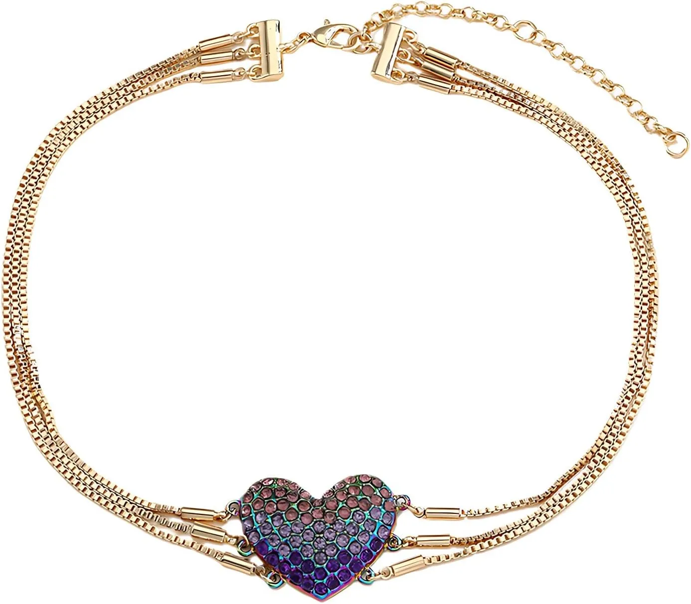 Gold-Tone Heart Pendant Necklace with Multicolor Rhinestones, Double-Layer Chain, Adjustable Jewelry for Women