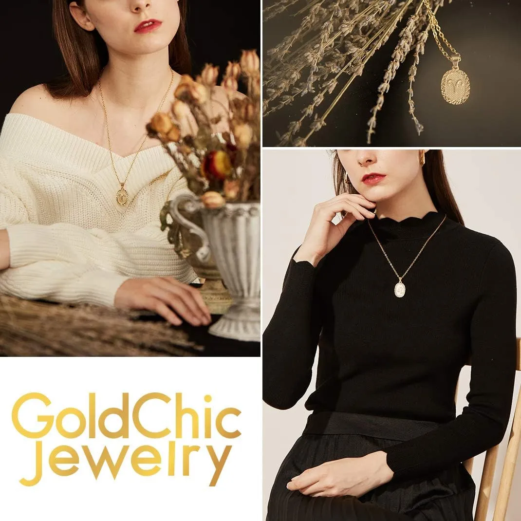 GOLDCHIC JEWELRY Gold Zodiac Necklace for Women Men, Constellation Coin Horoscope Astrology Pendant Necklaces Lucky Jewelry