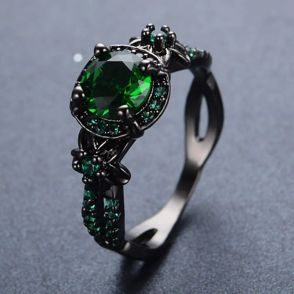 Gothic Black Rings for Women, Mystic Rainbow Topaz with Created Amethyst Flower Goth Black Gold Wedding Engagement Ring Size 6 to 11