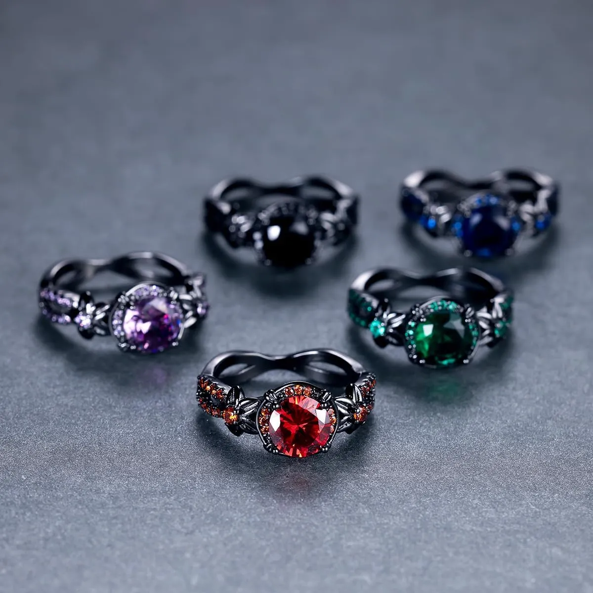 Gothic Black Rings for Women, Mystic Rainbow Topaz with Created Amethyst Flower Goth Black Gold Wedding Engagement Ring Size 6 to 11