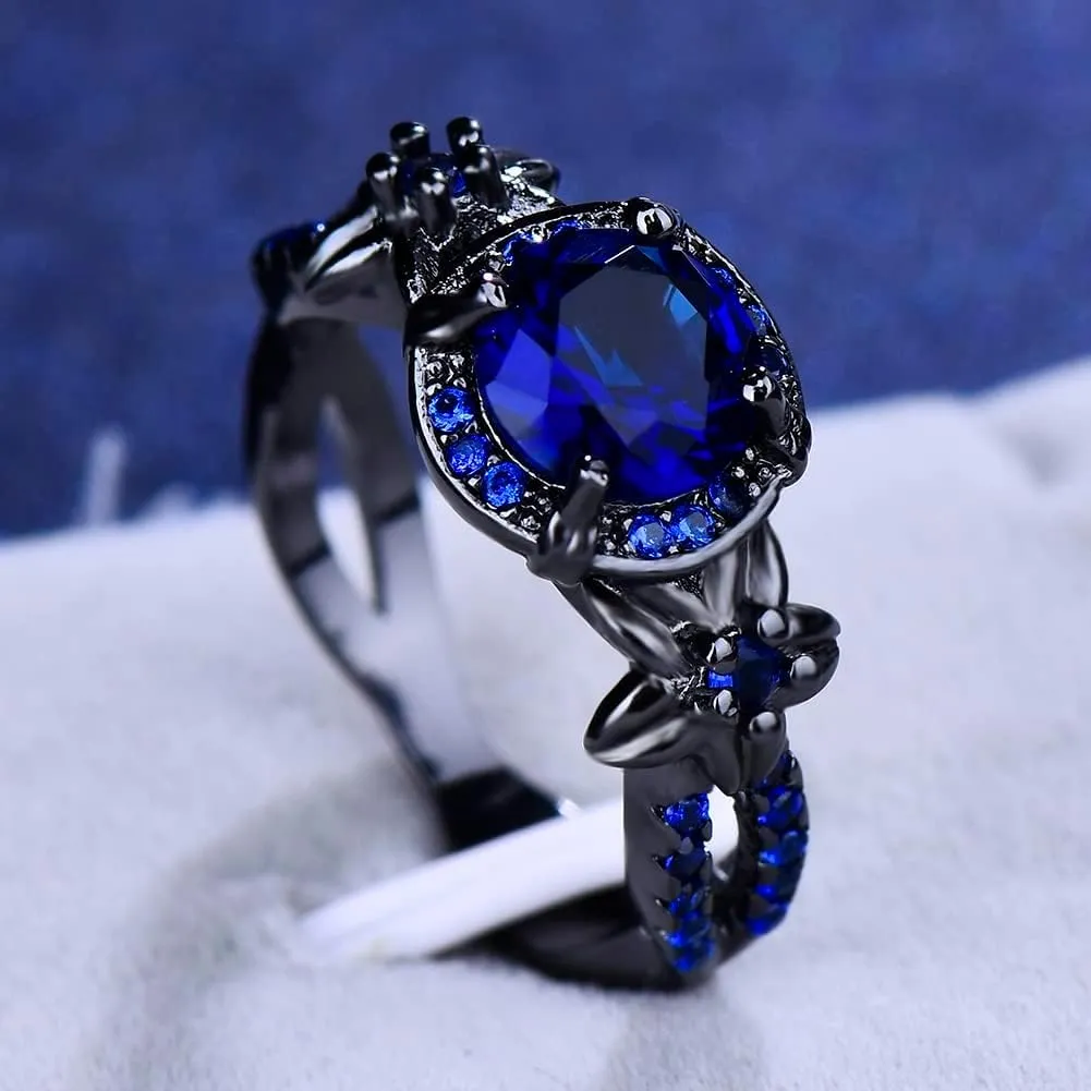 Gothic Black Rings for Women, Mystic Rainbow Topaz with Created Amethyst Flower Goth Black Gold Wedding Engagement Ring Size 6 to 11