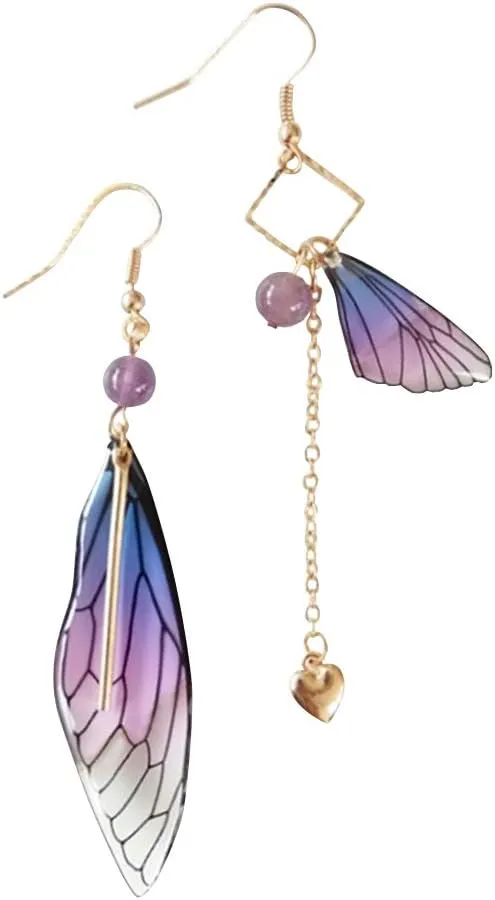 GPASTG Unique Asymmetry Big Monarch Colorful Butterfly Wing Drop Dangle Earrings Crystal Dragonfly Wing Earrings Fashion Insect Jewelry For Women Gifts