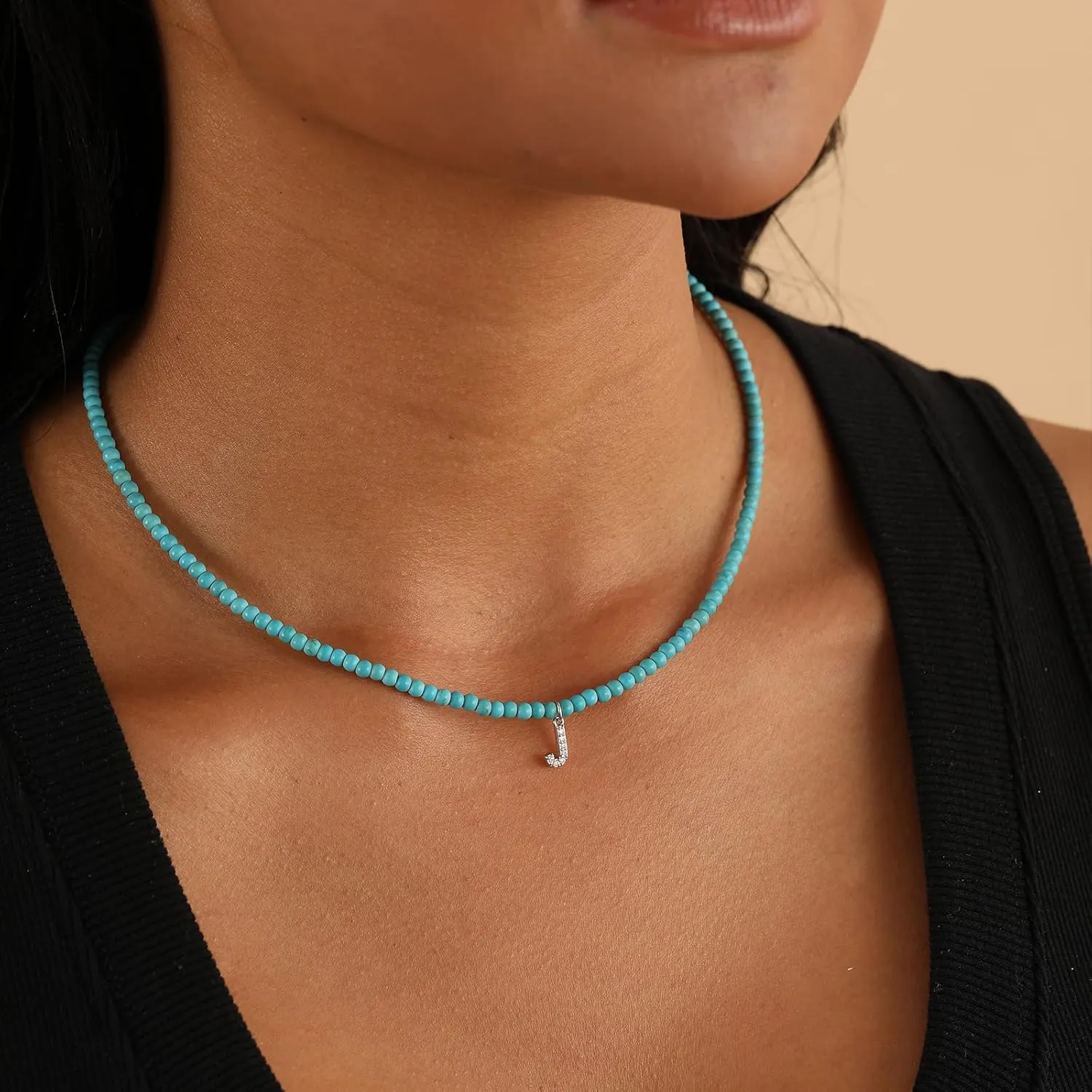 Graduation Gift - Turquoise Letter Personalized Alphabet Necklace Sterling Silver Alphabet Charm Simple Bead Waterproof Initial Name Pendant Non Tarnish Jewelry for Cowgirl Cowboy