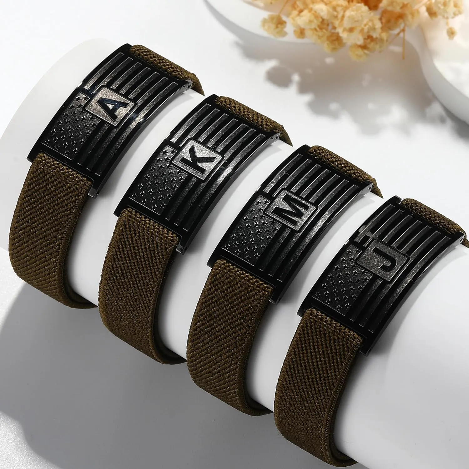Graduation Gifts for Men Boys, Adjustable American Flag Initial Bracelet, Elastic Stretch Strap Letter Bracelets Patriotic Jewelry