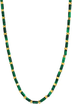 Green Malachite Beads Choker Necklace - 18K Gold Plated Brass - Chakra Healing Gemstone Jewelry for Women, Green/gold