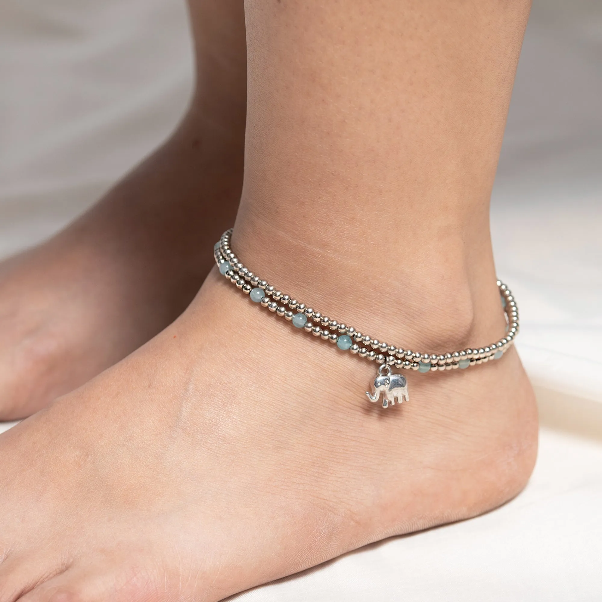 Hand Made Fair Trade Anklet Double Strand Silver Beads Blue Grey Elephant