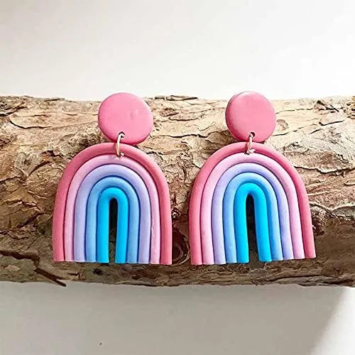 Handmade Bohemian Rainbow Clay Dangle Earrings Cutie Statement Colorful Ceramic Clay U Shape Earrings Jewelry for Women Girls