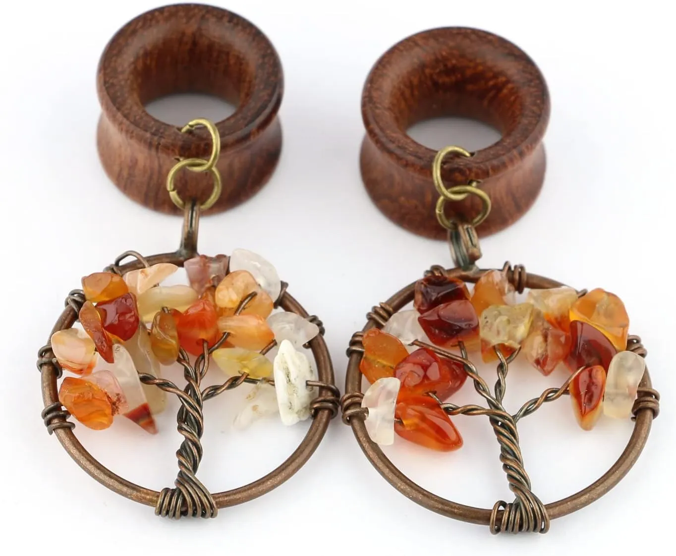 Handmade Carnelian Tree of Life Dangle Wood Ear Gauges Piercing Flesh Tunnels Plugs Statement Earrings