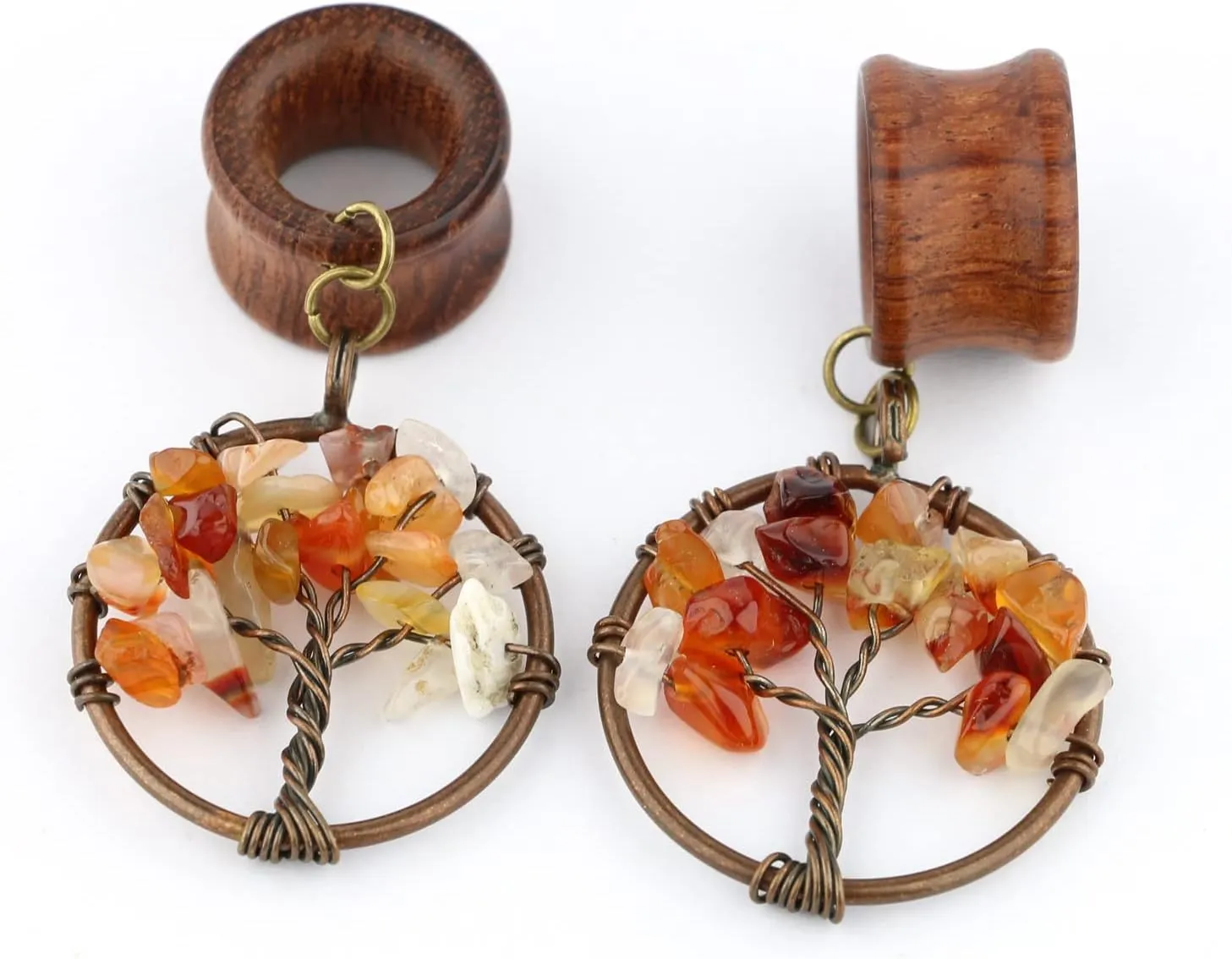 Handmade Carnelian Tree of Life Dangle Wood Ear Gauges Piercing Flesh Tunnels Plugs Statement Earrings