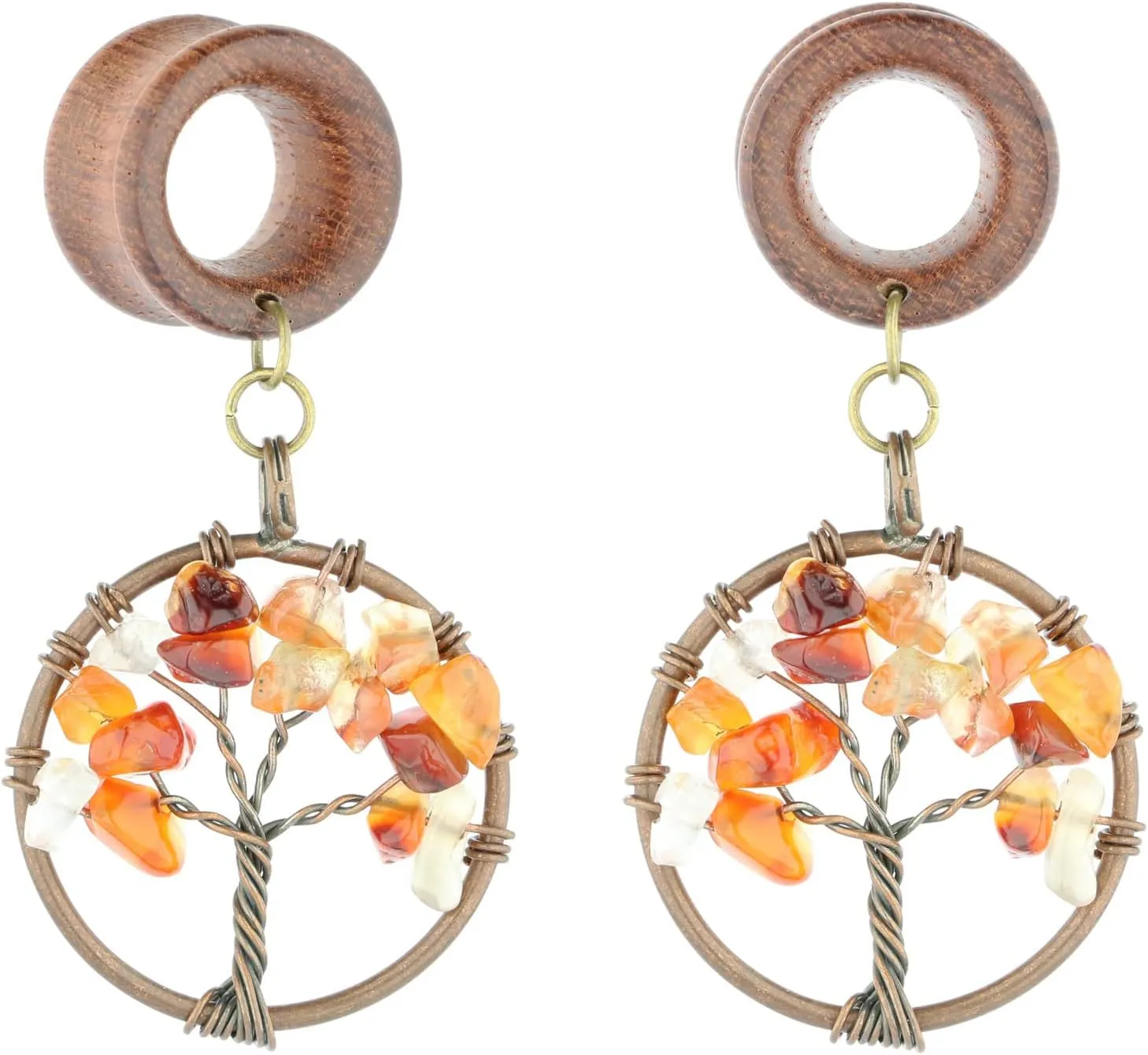 Handmade Carnelian Tree of Life Dangle Wood Ear Gauges Piercing Flesh Tunnels Plugs Statement Earrings