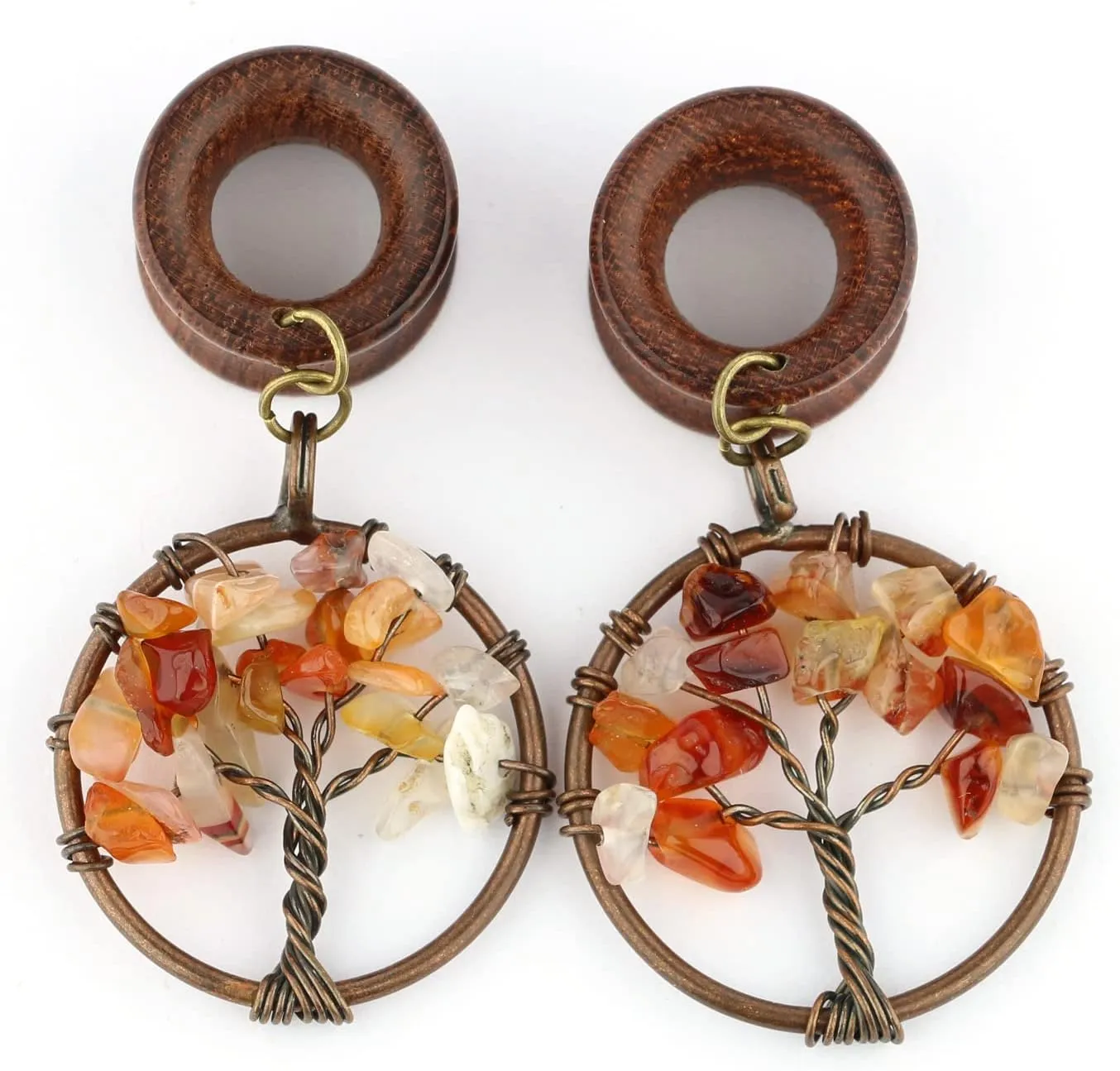 Handmade Carnelian Tree of Life Dangle Wood Ear Gauges Piercing Flesh Tunnels Plugs Statement Earrings