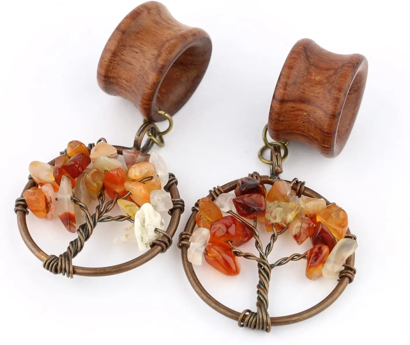Handmade Carnelian Tree of Life Dangle Wood Ear Gauges Piercing Flesh Tunnels Plugs Statement Earrings