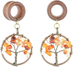 Handmade Carnelian Tree of Life Dangle Wood Ear Gauges Piercing Flesh Tunnels Plugs Statement Earrings
