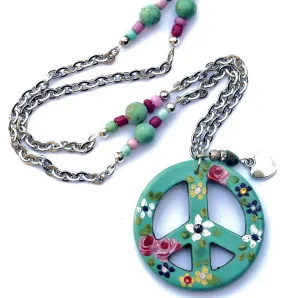 Handmade Long Boho Peace Sign Pendant Necklace with Hand Painted Flowers and Genuine Turquoise Nugget and Magnesite Beads Cute Bohemian Jewelry Accessories for Women Teen Girls