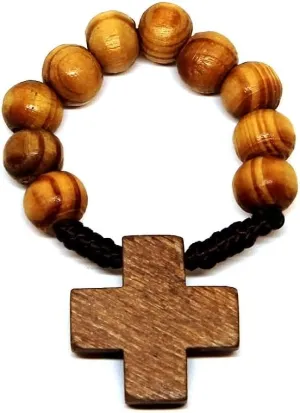 Handmade Natural Color Wood Rosary Ring - 1 in Diameter With Cross Pendant  Crafted in Holy Land - Smooth finish and natural feel - Serves as a Testament of Faith and Devotion.