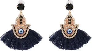 Handmade Women Hand Evil Eyes Tassel Statement Handmade Dangle Fringe Palm Earrings Multicolor Crystal Beaded Wedding Party Gifts-C black